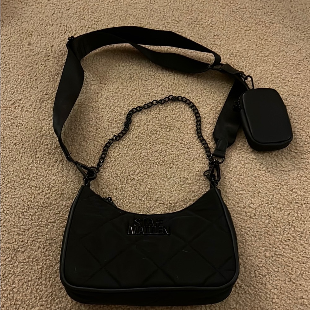 Steve Madden Black Quilted Shoulder Bag with all black hardware